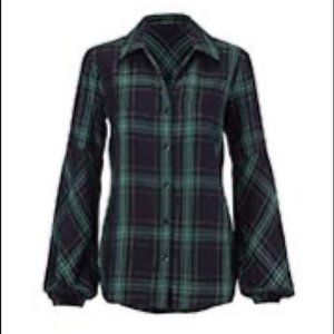 CAbi Black and Green Plaid Blouse
